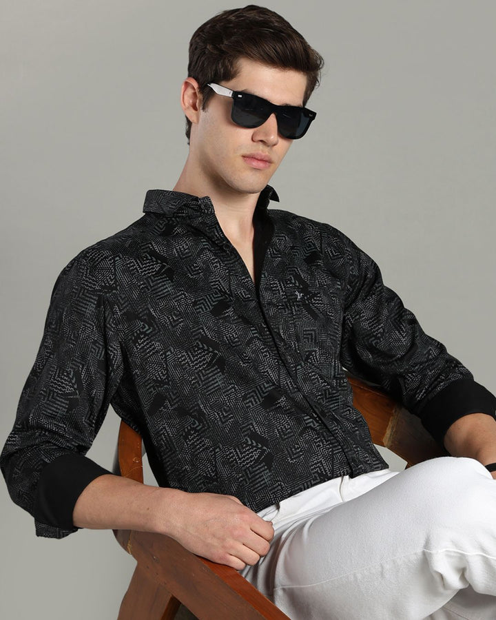 Black Tribal Print-Full-Cotton Linen Shirt