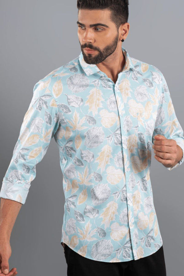 Sky Blue Leafy Print-Full-Stain Proof