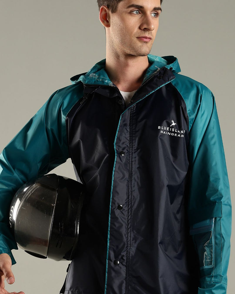 Navy Blue with Teal - Rain Jacket with Pant and Mobile Pouch