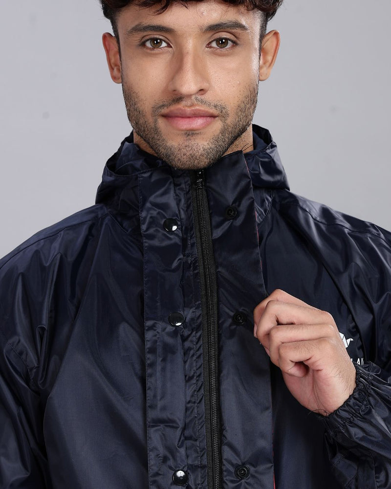 Navy with Red Border - Rain Jacket with Pant and Mobile Pouch