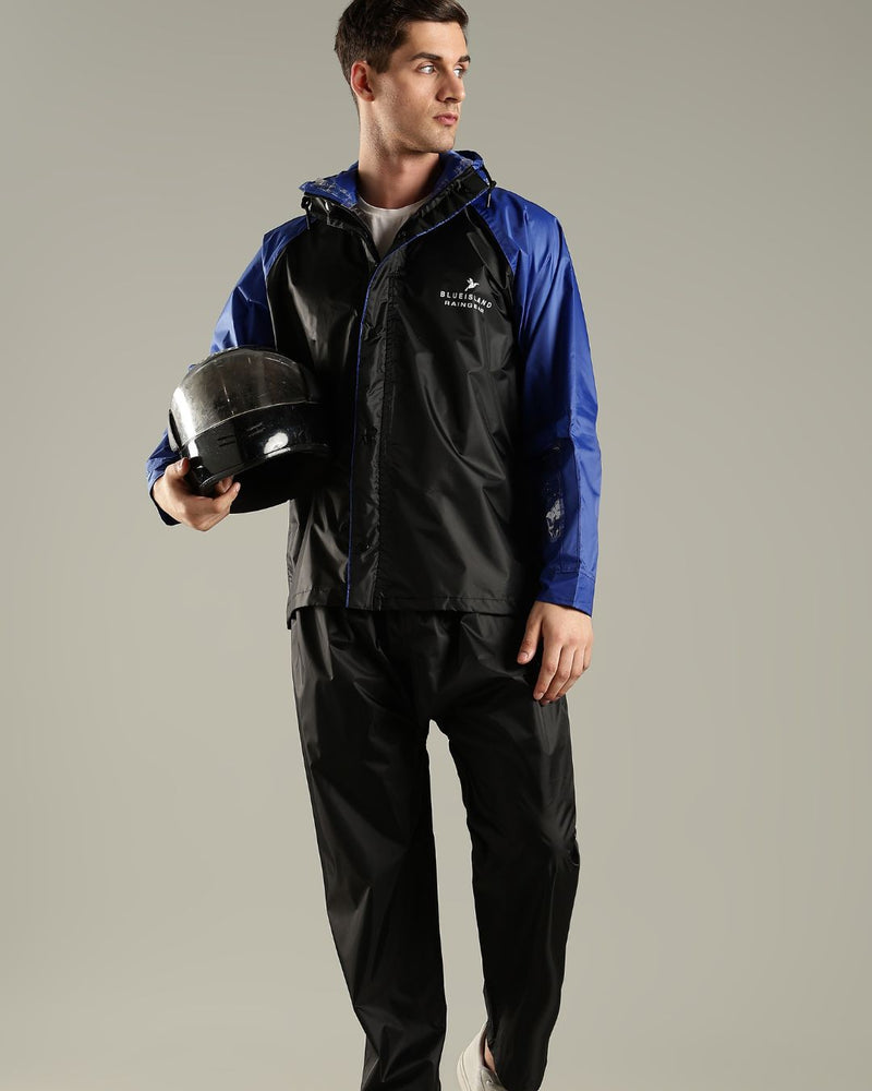 Black with Royal Blue - Rain Jacket with Mobile Pouch
