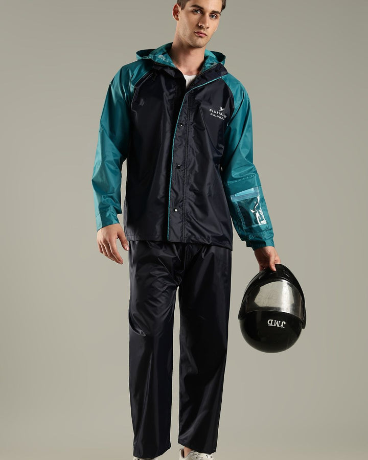 Navy Blue with Teal - Rain Jacket with Pant and Mobile Pouch