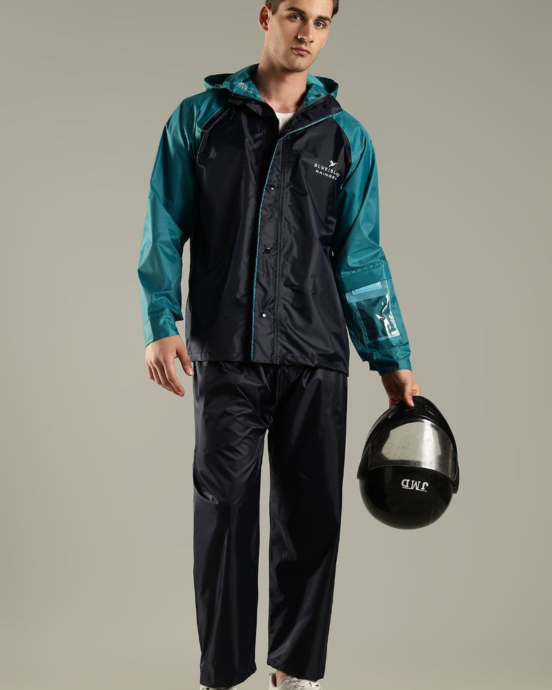 Navy Blue with Teal - Rain Jacket with Mobile Pouch