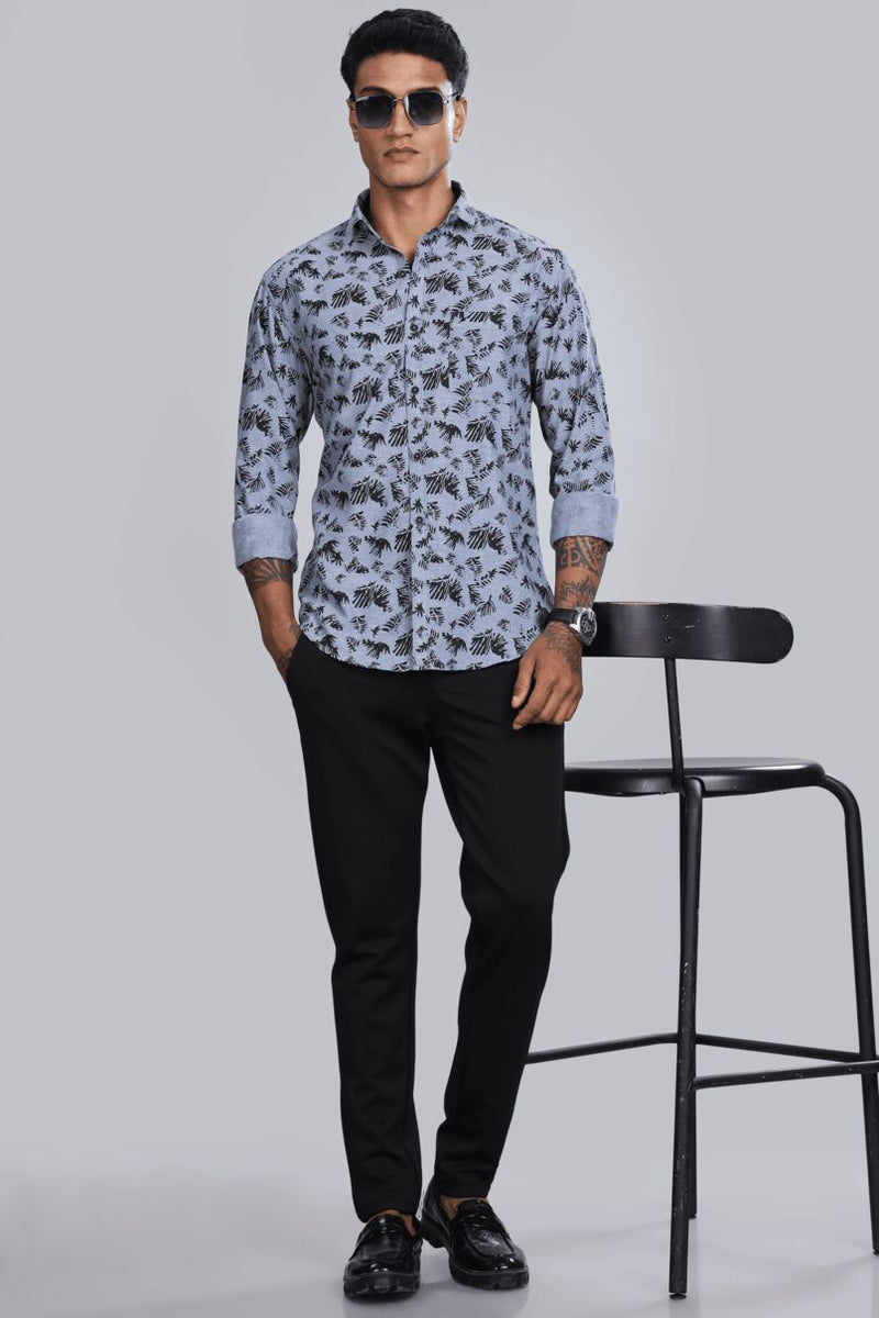 Bluish Grey & Black Leaf Print -Full-Stain Proof