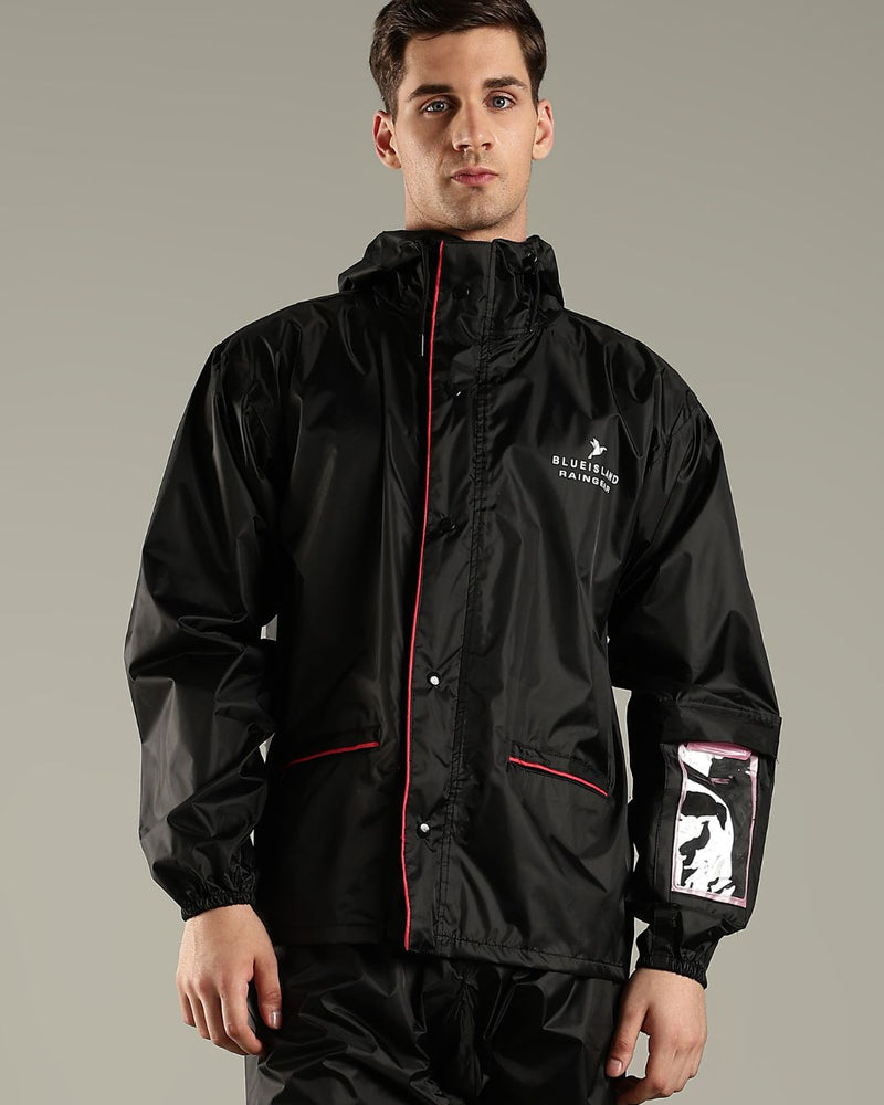 Black with Red Border - Rain Jacket with Mobile Pouch