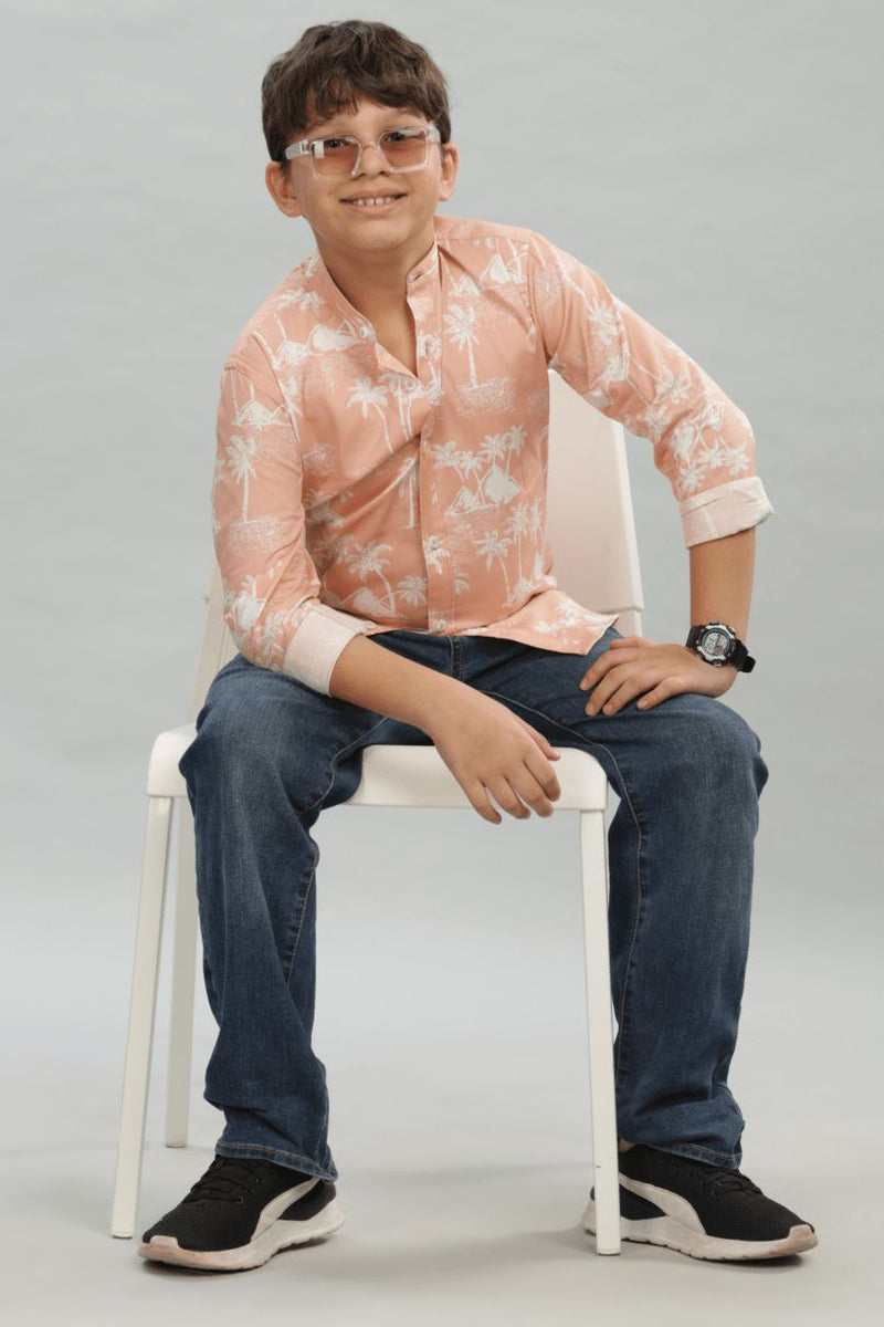 KIDS - Peachy Palm Print-Chinese Collar-Stain Proof Shirt