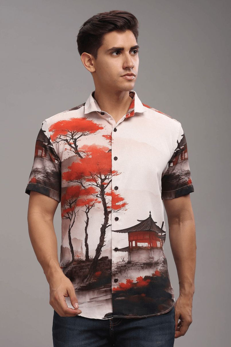 Fuji Red Printed Shirt - Half - Wrinkle Free