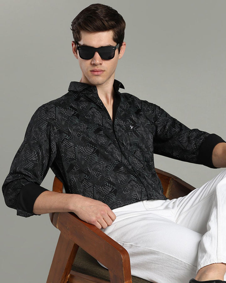 Black Tribal Print-Full-Cotton Linen Shirt