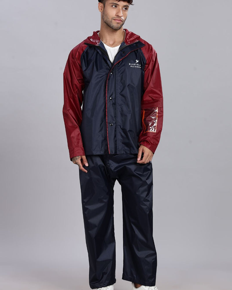 Navy Blue with Maroon - Rain Jacket with Pant and Mobile Pouch