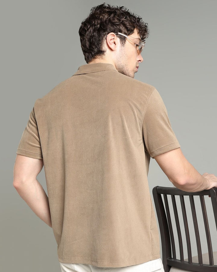 Tan Brown Geometric Textured - Polo Tshirt