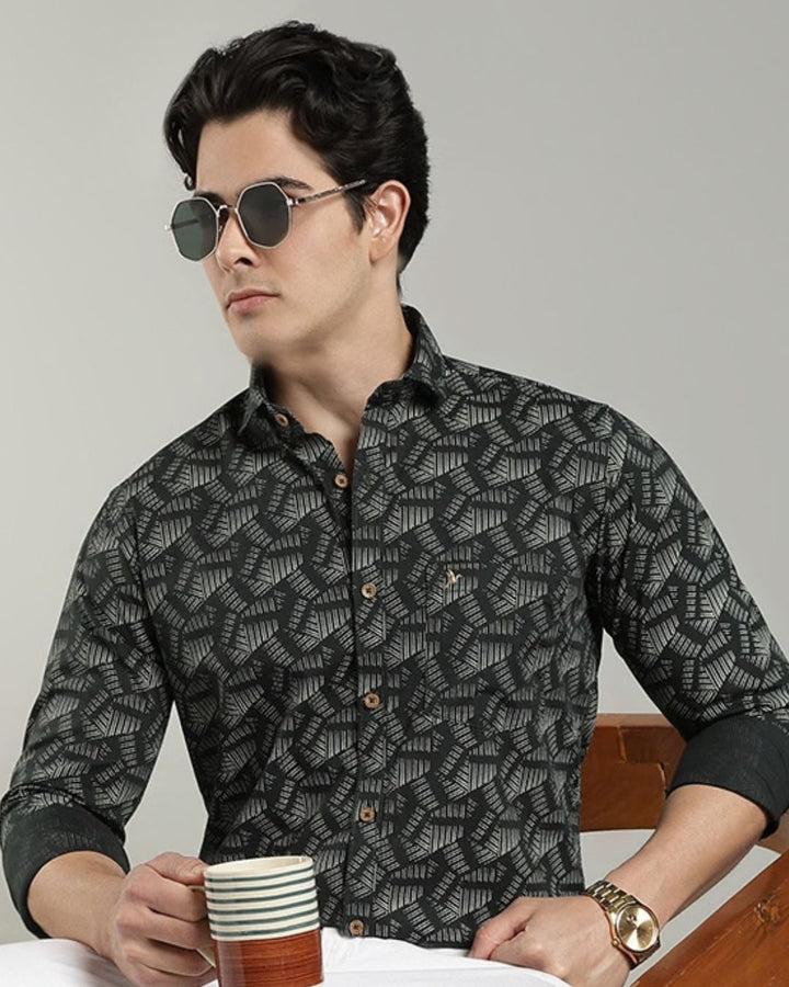 Dark Green Geometric Print-Full-Cotton Linen Shirt