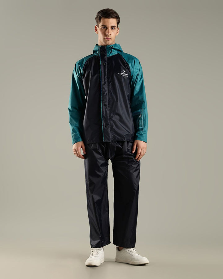 Navy Blue with Teal - Rain Jacket with Pant and Mobile Pouch
