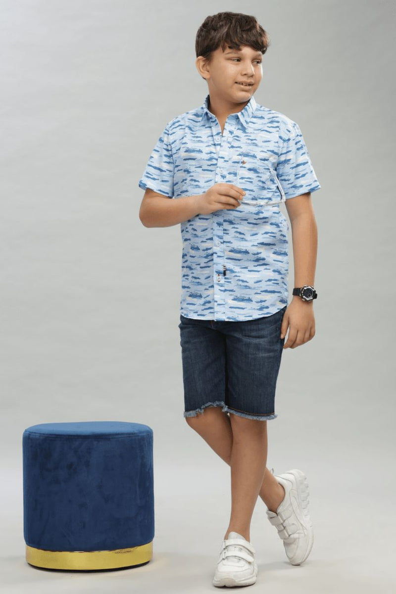 KIDS - Blue Cloudy Print - Half-Stain Proof Shirt