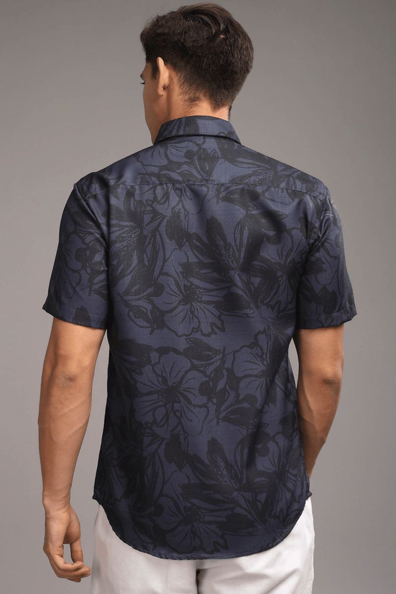 Blue & Black Floral Printed Shirt -Half- Wrinkle Free