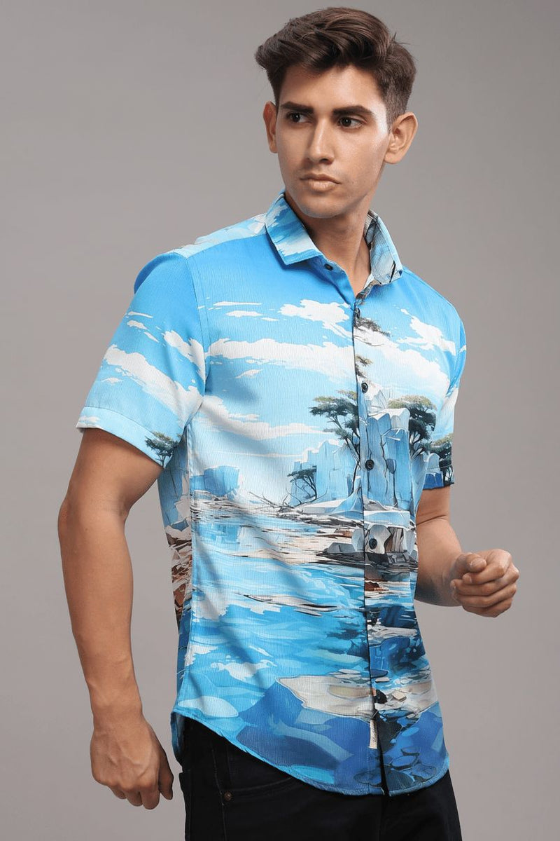 Beach Blue Printed Shirt - Half - Wrinkle Free