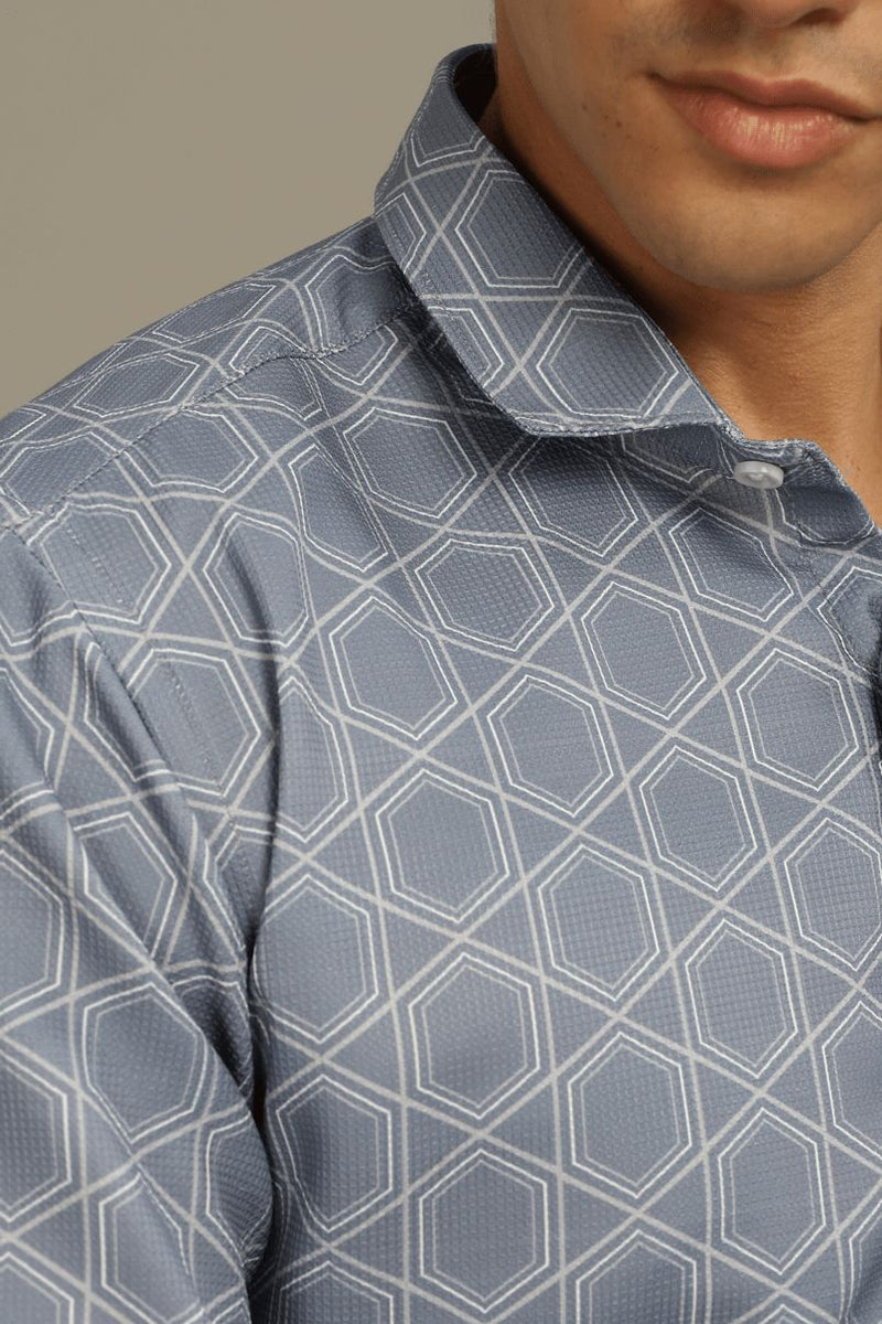 Silver Grey Hexagonal Printed shirt - Half - Wrinkle Free