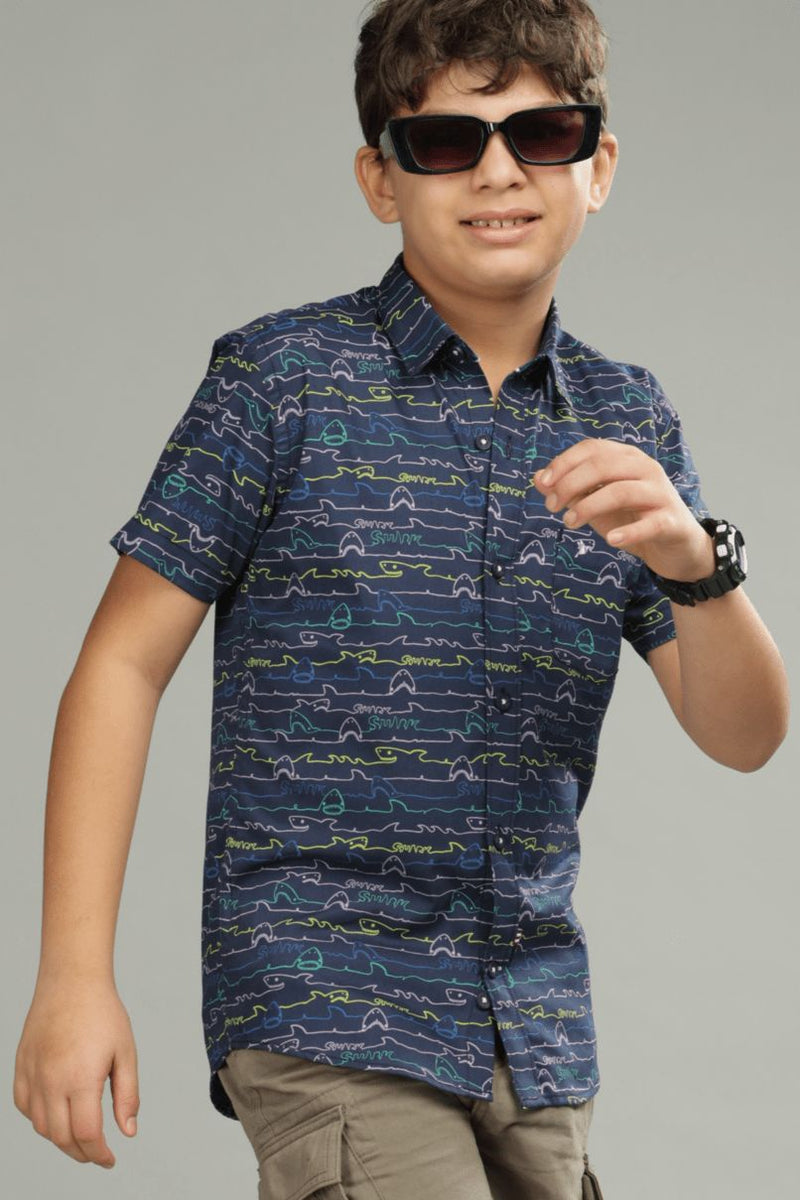 KIDS - Navy Ocean Print - Half-Stain Proof Shirt