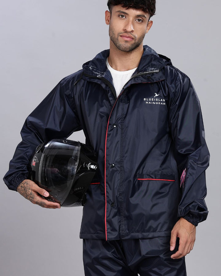 Navy with Red Border - Rain Jacket with Pant and Mobile Pouch