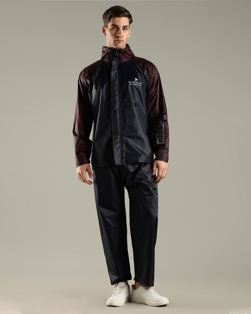 Navy with Burgundy - Rain Jacket with Mobile Pouch