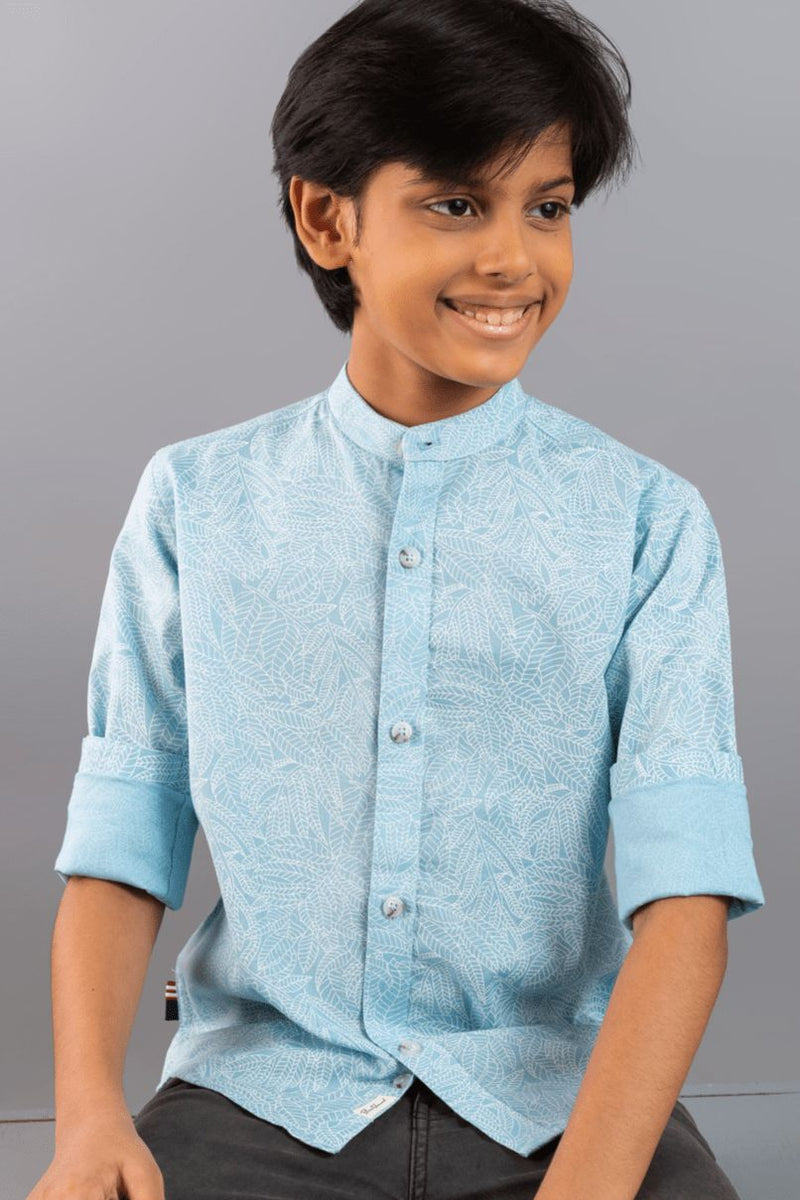 KIDS - Sky Blue Floral Print Chinese Collar-Stain Proof Shirt