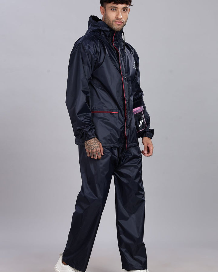 Navy with Red Border - Rain Jacket with Pant and Mobile Pouch