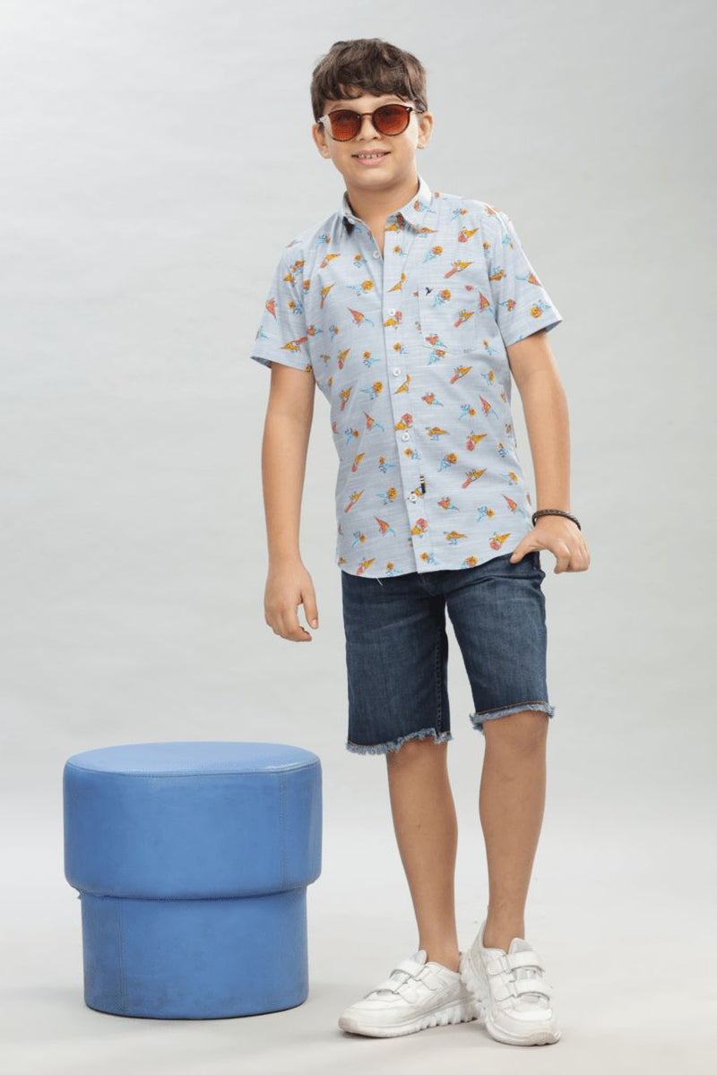 KIDS - Blue Dino Print - Half-Stain Proof Shirt