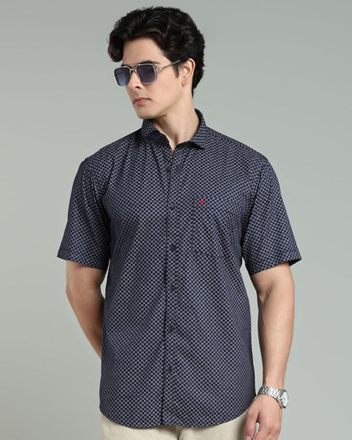 Navy Round Print -Half-Stain Proof