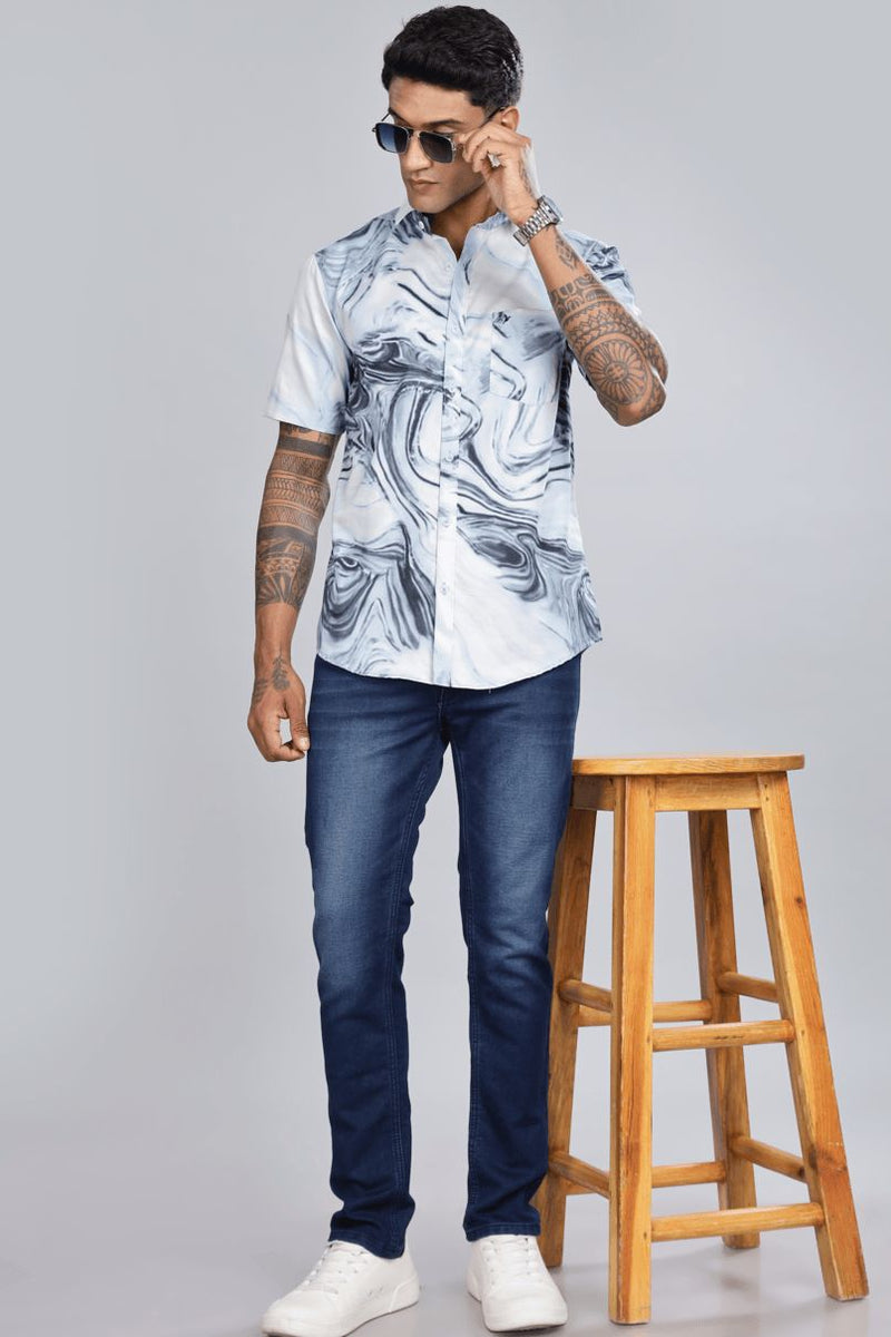 White & Denim Swirl Print - Half Sleeve - Stain Proof