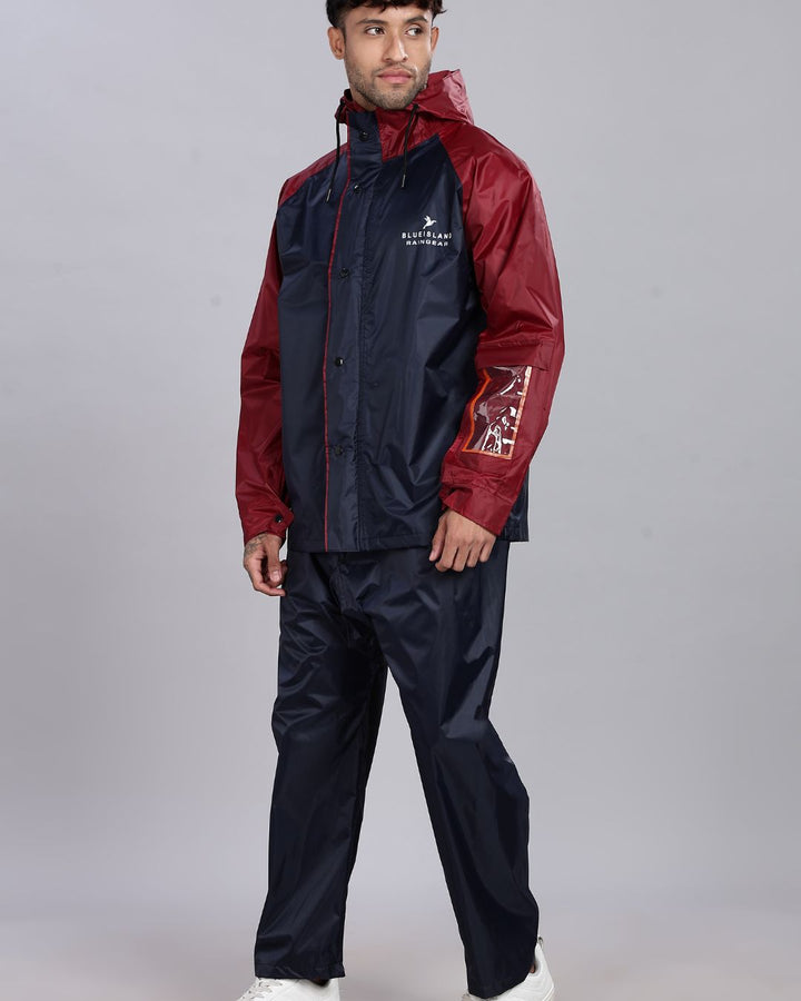 Navy Blue with Maroon - Rain Jacket with Pant and Mobile Pouch