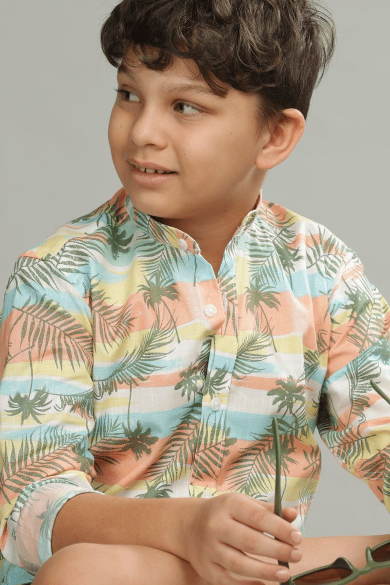 KIDS - Tropical Sunset Print-Chinese Collar-Stain Proof Shirt