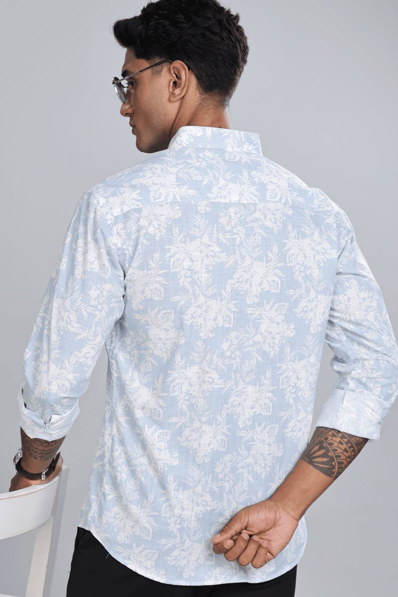 Cool Blue Floral Print Chinese Collar -Full-Stain Proof