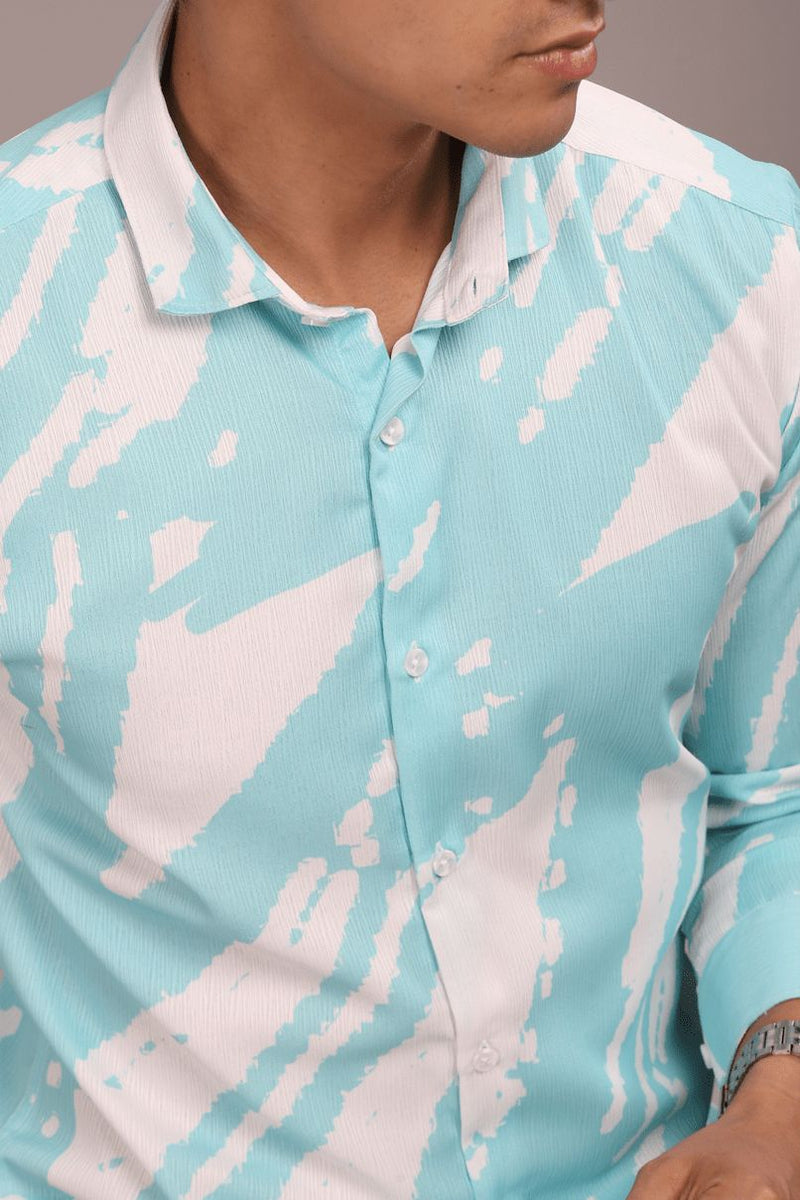 Ice Blue & White Printed Shirt -Full- Wrinkle Free