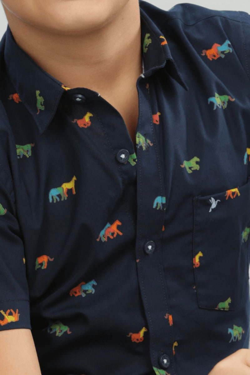 KIDS - Navy Horse Print - Half-Stain Proof Shirt