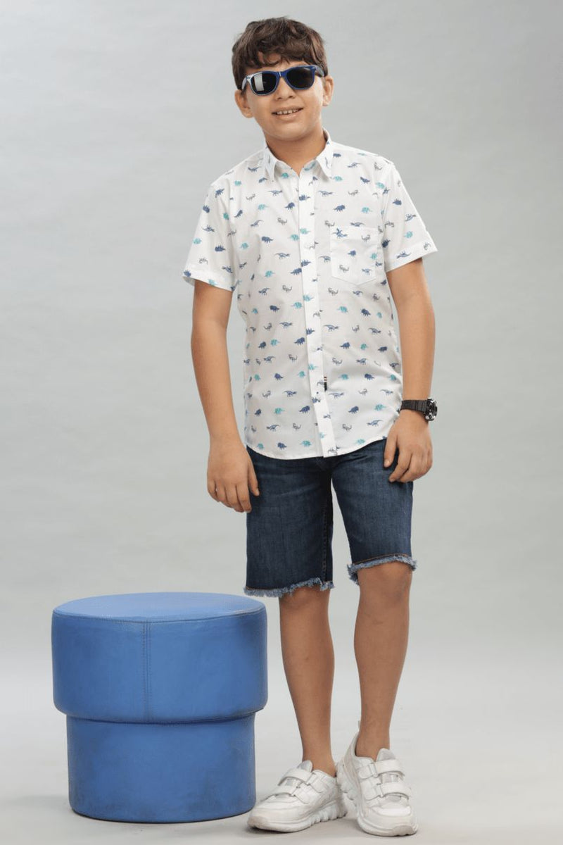 KIDS - White Dino Print - Half-Stain Proof Shirt