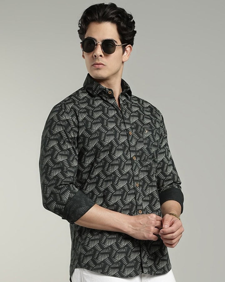 Dark Green Geometric Print-Full-Cotton Linen Shirt