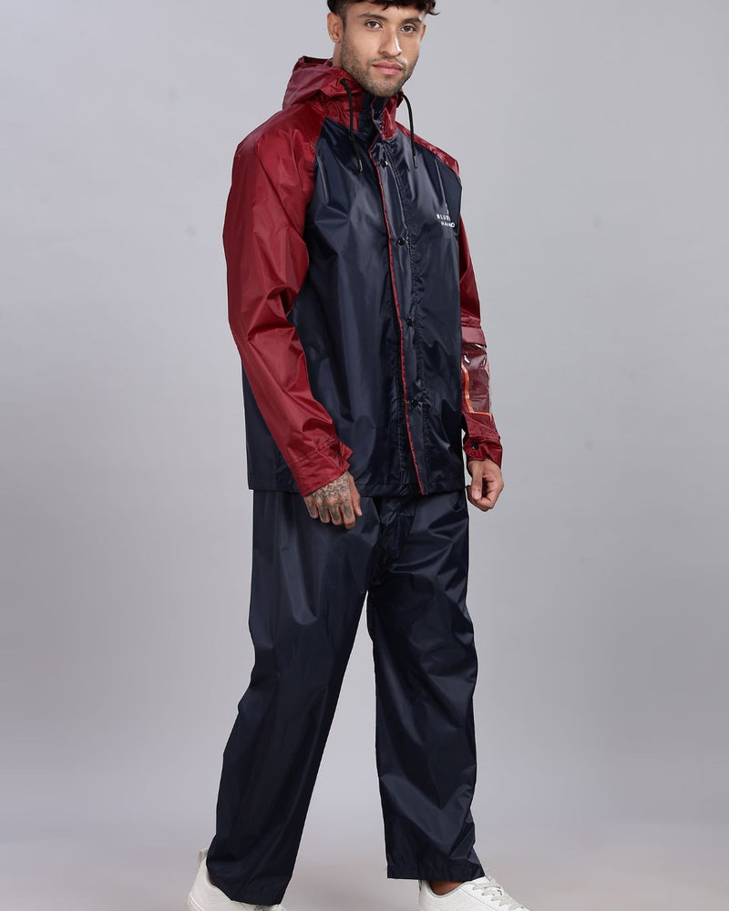 Navy Blue with Maroon - Rain Jacket with Pant and Mobile Pouch
