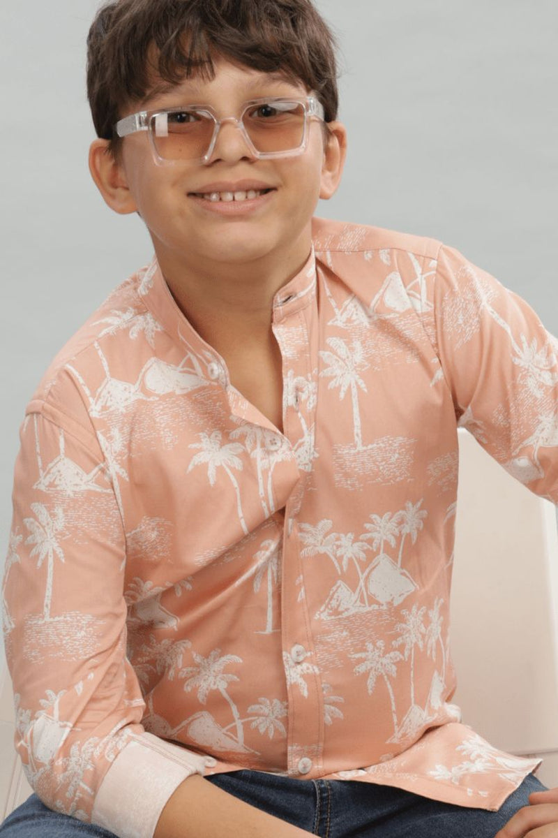 KIDS - Peachy Palm Print-Chinese Collar-Stain Proof Shirt