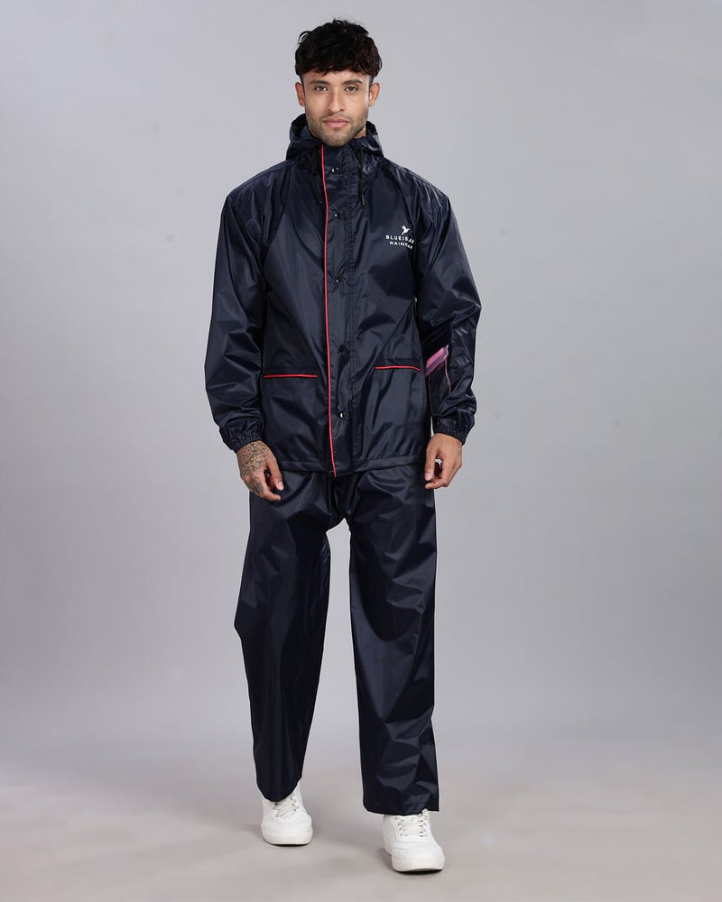 Navy with Red Border - Rain Jacket with Pant and Mobile Pouch
