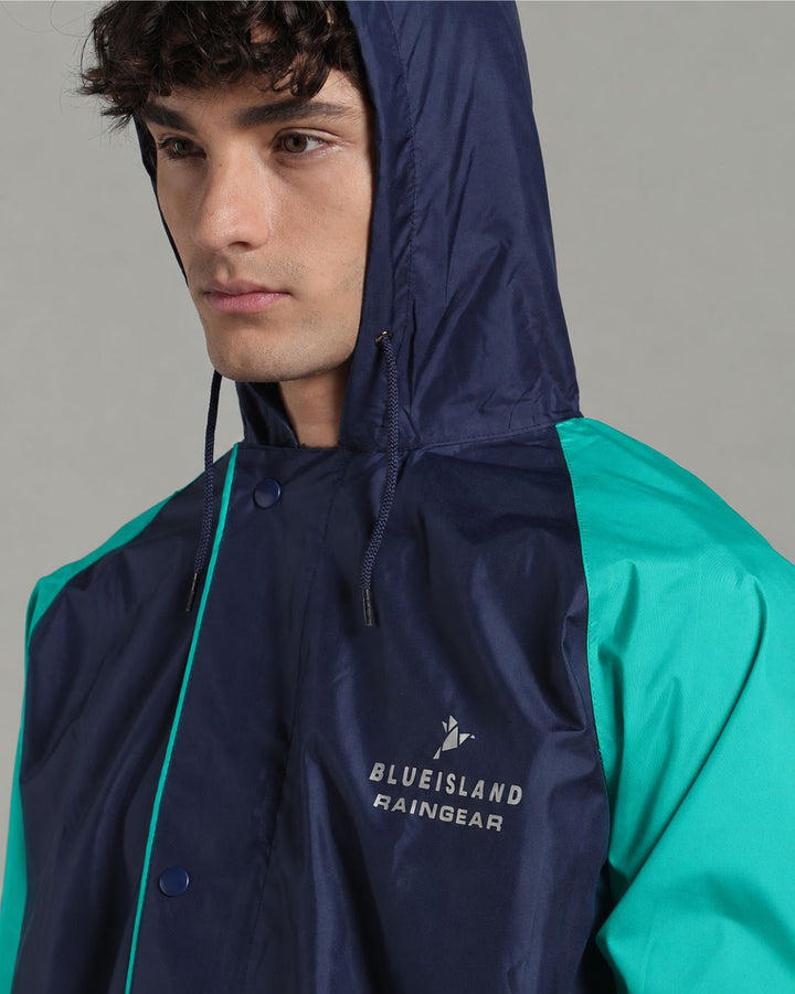 Navy with Teal Sleeve - Rain Jacket with Pant & Mobile Pouch