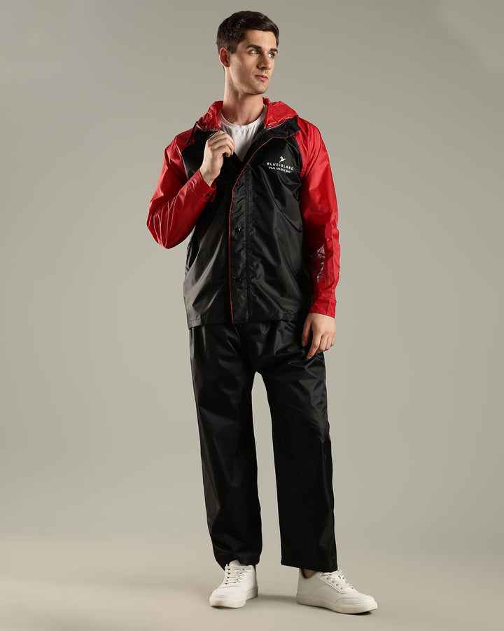 Black with Wine Red - Rain Jacket with Pant and Mobile Pouch