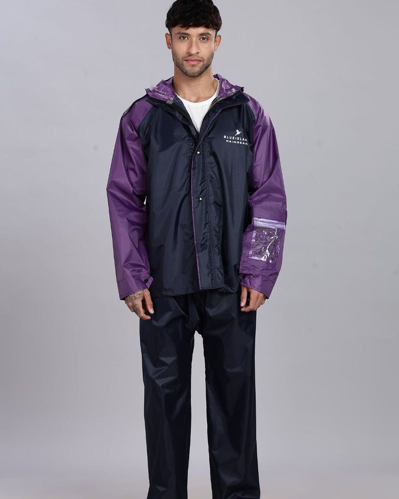Navy Blue with Violet - Rain Jacket with Pant and Mobile Pouch