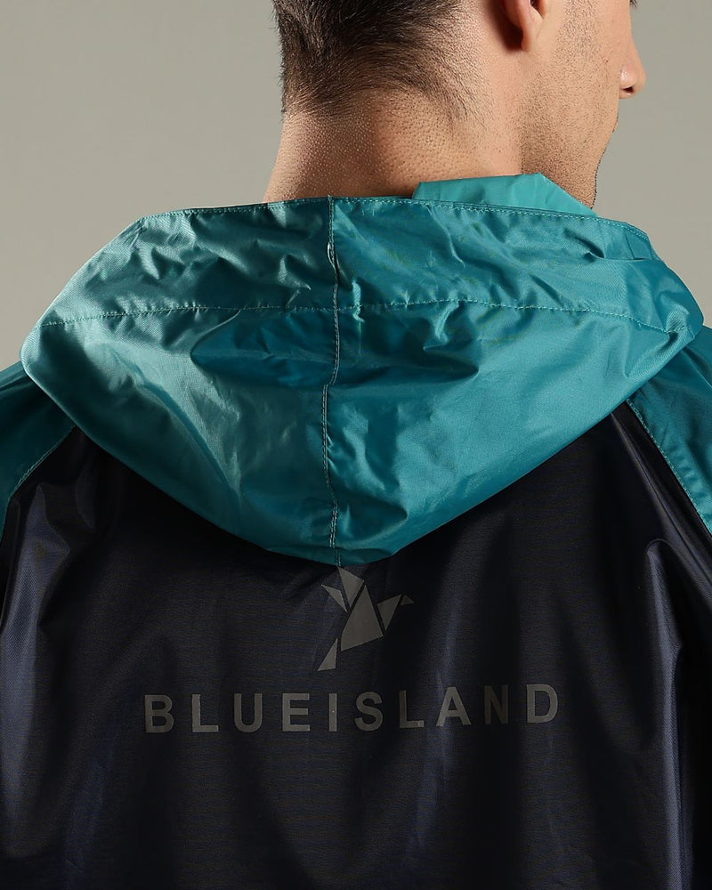 Navy Blue with Teal - Rain Jacket with Mobile Pouch