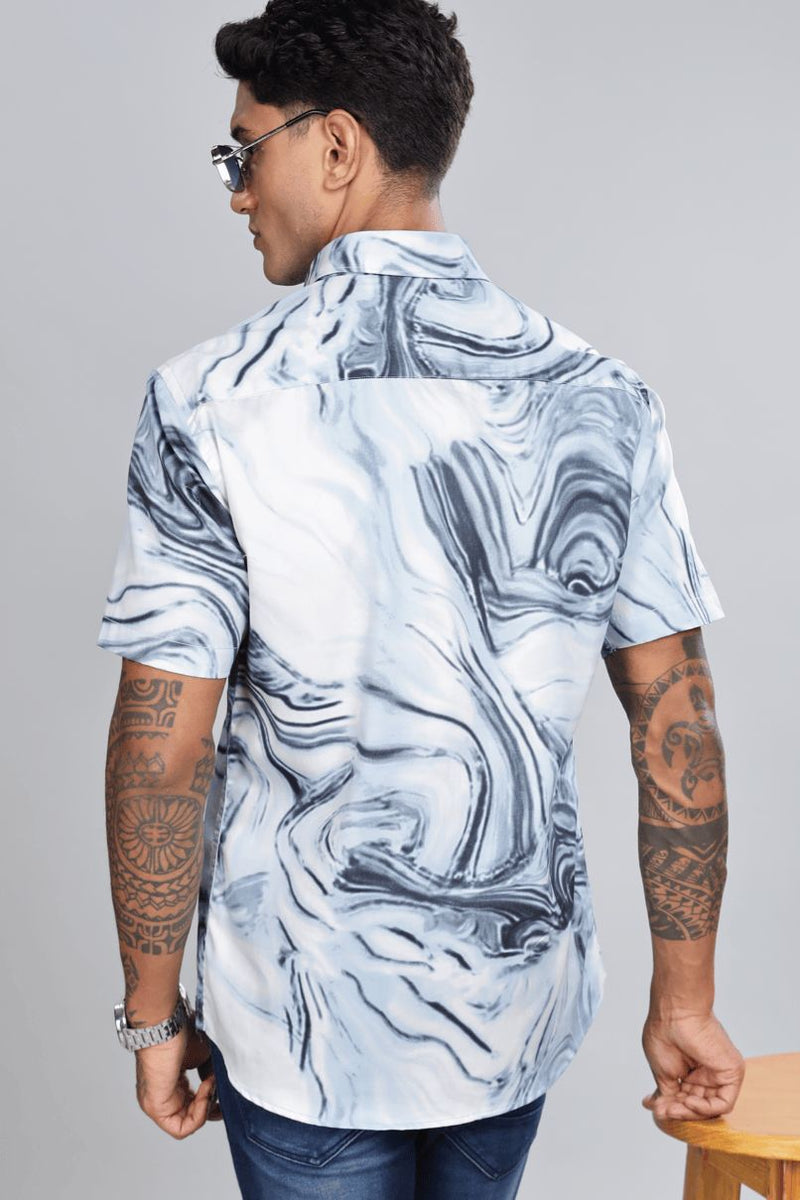 White & Denim Swirl Print - Half Sleeve - Stain Proof