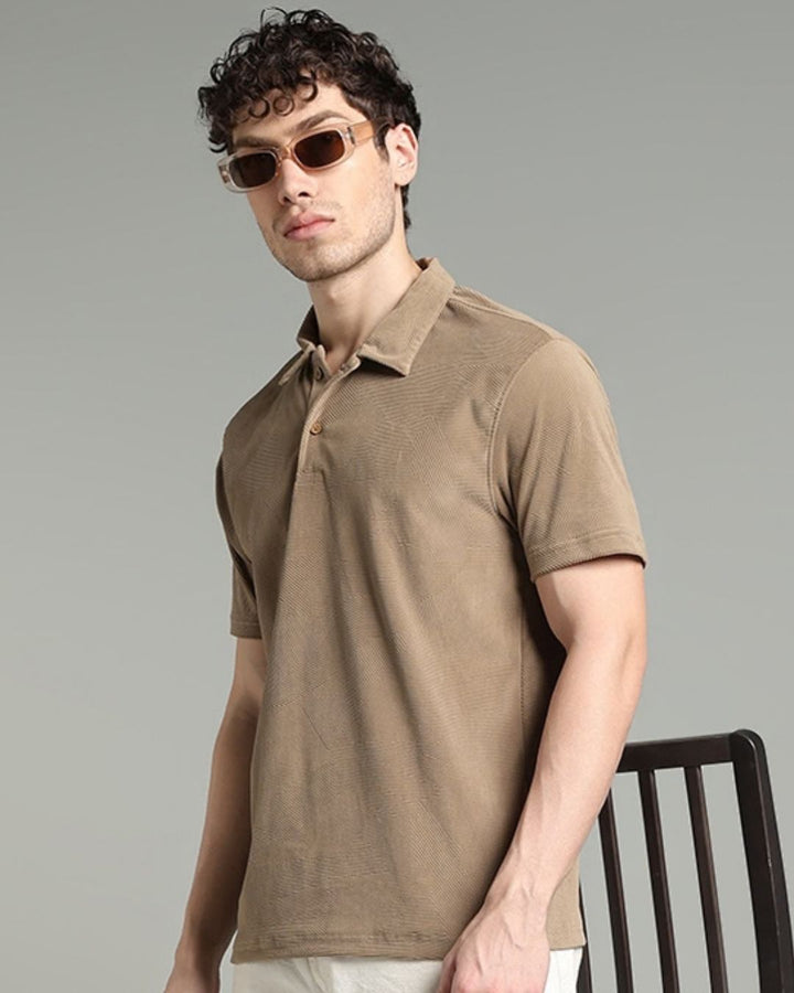 Tan Brown Geometric Textured - Polo Tshirt