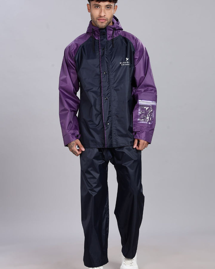 Navy Blue with Violet - Rain Jacket with Pant and Mobile Pouch