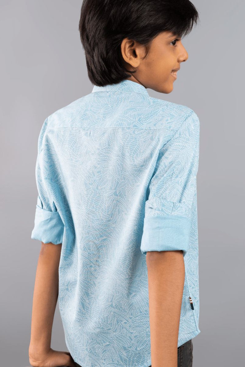KIDS - Sky Blue Floral Print Chinese Collar-Stain Proof Shirt