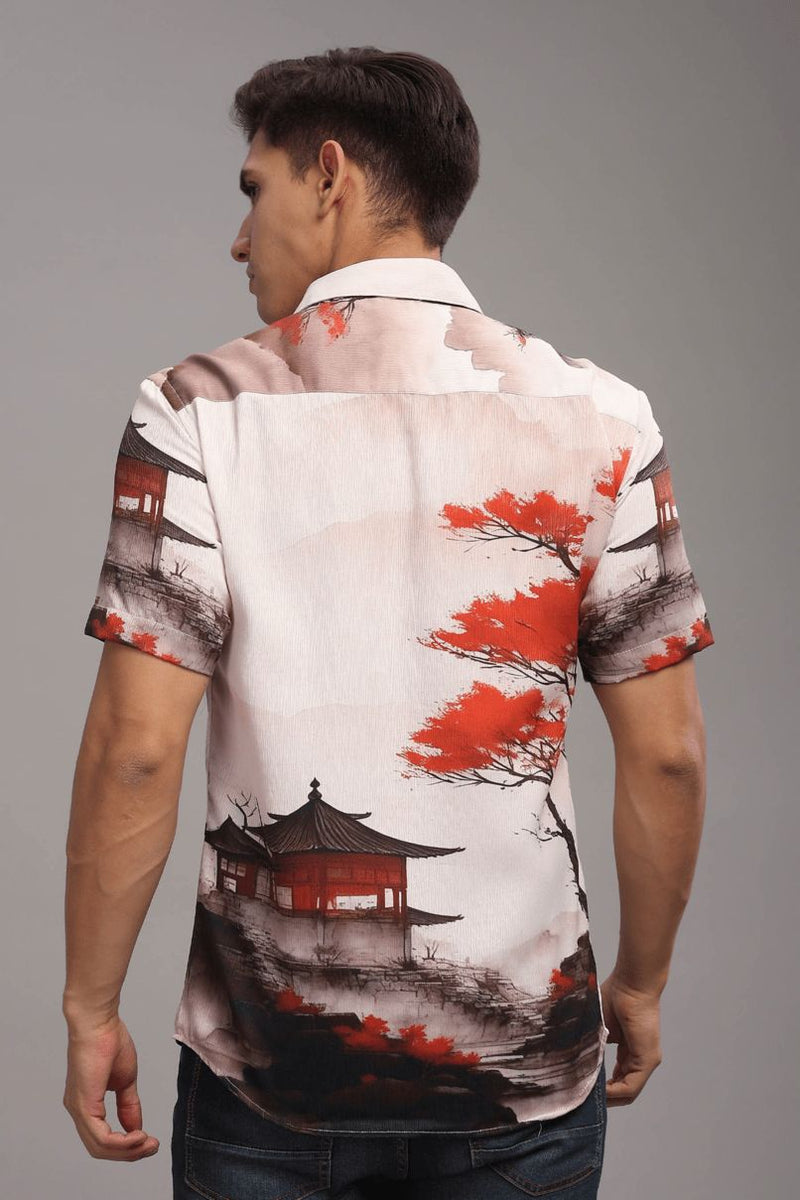 Fuji Red Printed Shirt - Half - Wrinkle Free