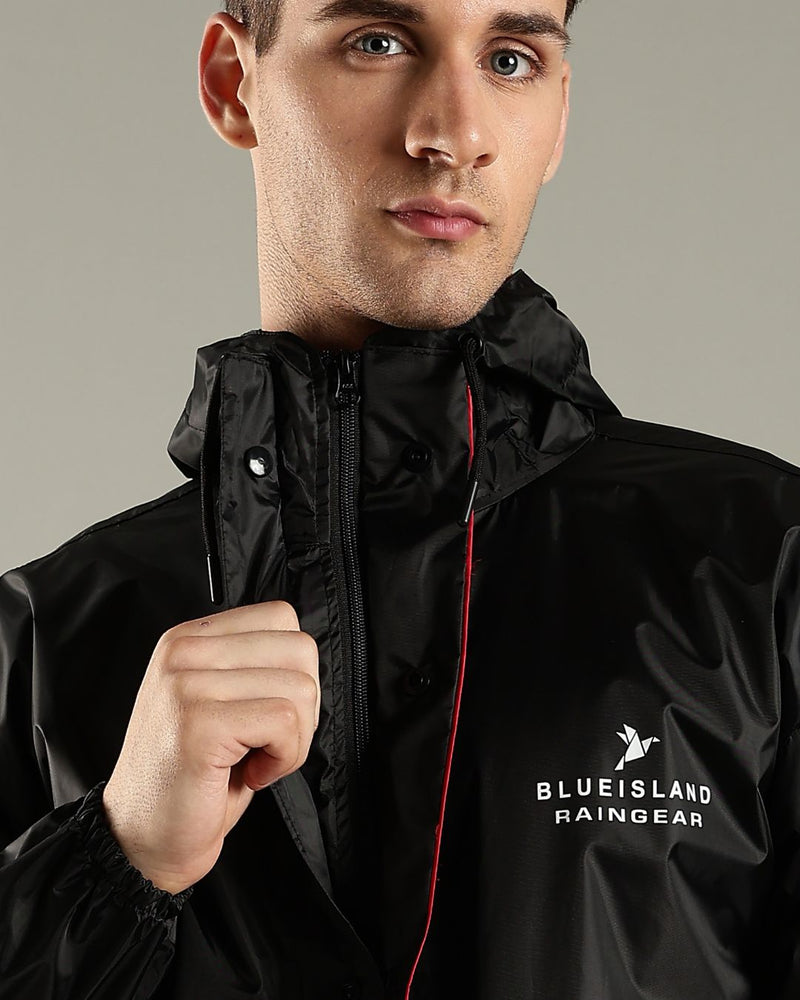 Black with Red Border - Rain Jacket with Mobile Pouch