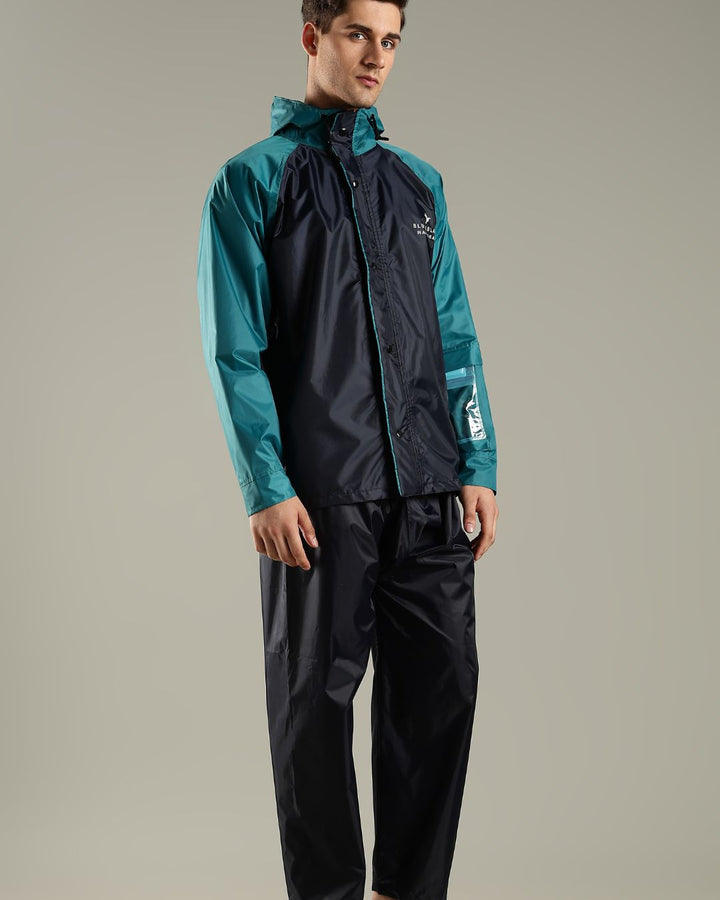 Navy Blue with Teal - Rain Jacket with Pant and Mobile Pouch