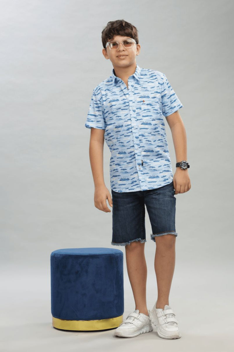 KIDS - Blue Cloudy Print - Half-Stain Proof Shirt